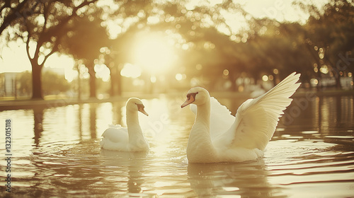 Two swans swimming in a golden lake at sunset with soft sunlight.