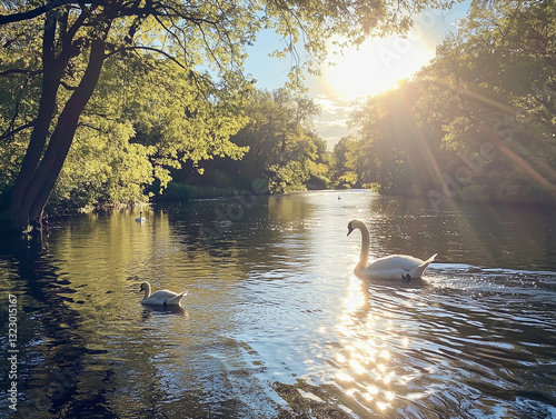 Swans swimming in a peaceful river at sunset with golden light reflections.