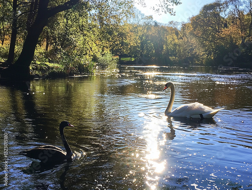 Black and white swans swimming in a sunlit river with autumn trees.