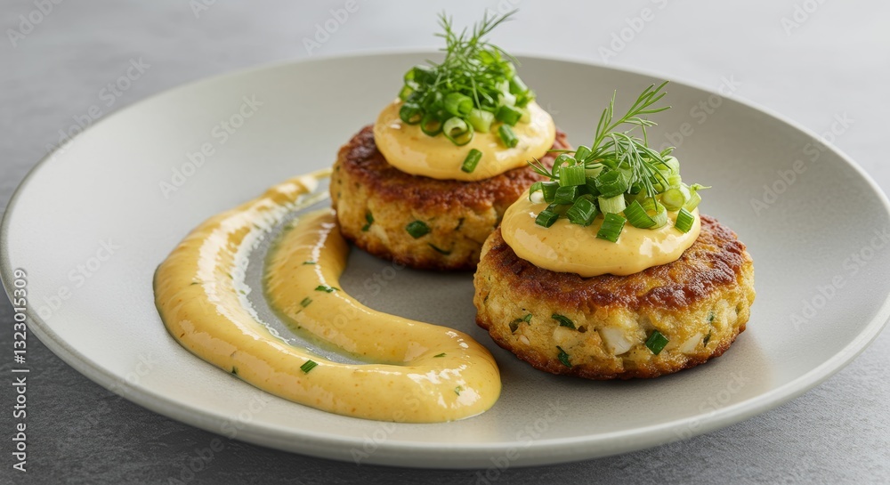 Gourmet Crab Cakes on a Plate: Two golden-brown crab cakes, elegantly plated with creamy sauce and fresh herbs, epitomizing culinary delight and sophisticated dining Gourmet Crab Cakes on a Plate: Two golden-brown crab cakes, elegantly plated with creamy sauce and fresh herbs, epitomizing culinary delight and sophisticated dining