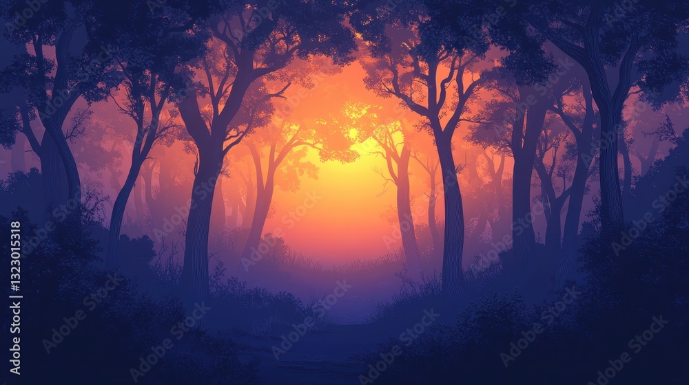 Fototapeta premium Forest Path Sunset Orange Hues Trees Silhouettes
