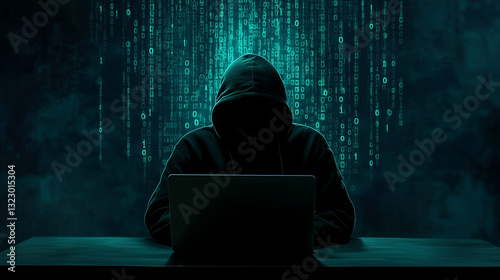 Anonymous Hacker in Dark Hoodie Using Laptop with Binary Code Background — Cybersecurity Threat, Data Breach, and Digital Crime Concept photo