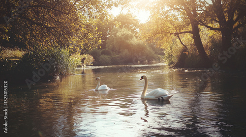 Two swans swimming in a tranquil river with golden sunlight.