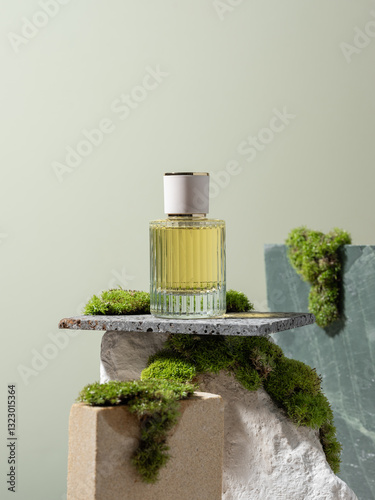 A chic perfume bottle surrounded by lush moss on decorative
