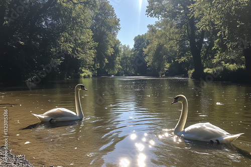 Two swans swimming in a calm river with sunlight reflections.