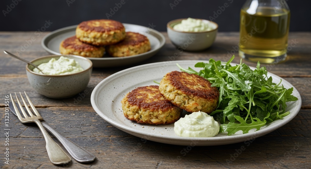 Culinary Delight: Close-up of artfully arranged crab cakes served on a rustic wooden table, inviting culinary exploration and the visual appeal of delectable food. Culinary Delight: Close-up of artfully arranged crab cakes served on a rustic wooden table, inviting culinary exploration and the visual appeal of delectable food.