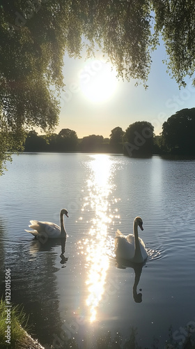 Two swans swimming on a calm lake at sunset with sunlight reflections.