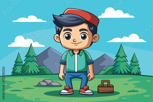 A young cartoon character enjoys a sunny day in nature, wearing casual clothes with a small bag nearby, Stumble Customizable Cartoon Illustration