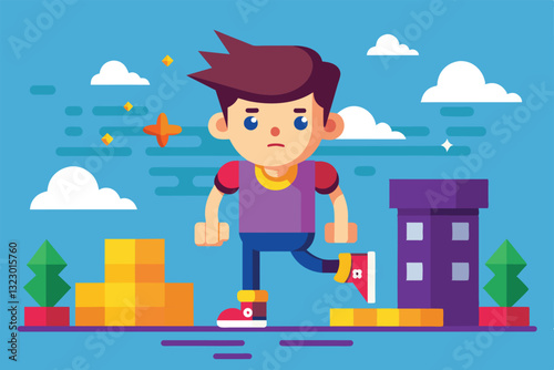A young character explores a vibrant world made of colorful blocks and buildings under a bright sky, Stumble Customizable Flat Illustration