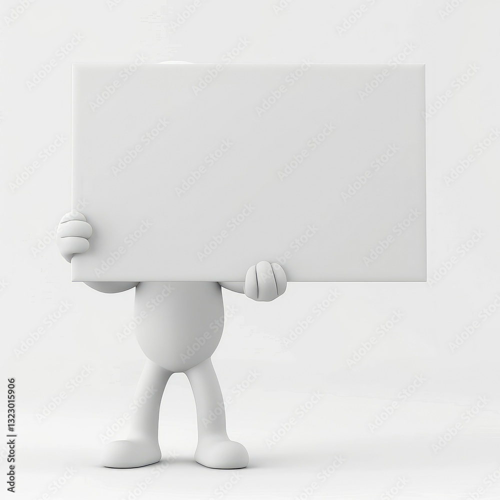 Minimalist 3D White Figure Holding a Large Blank Sign, Isolated on a White Background. Minimalist 3D White Figure Holding a Large Blank Sign, Isolated on a White Background.