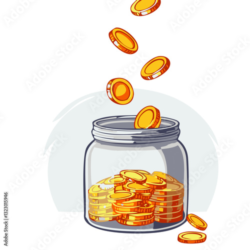 Illustration of a glass jar being filled with falling gold coins, symbolizing savings, financial growth, and wealth accumulation.

