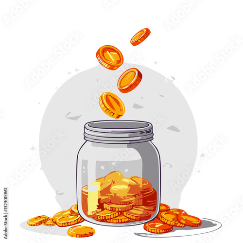 Illustration of a glass jar being filled with falling gold coins, symbolizing savings, financial growth, and wealth accumulation.

