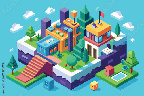 A lively isometric landscape featuring colorful buildings, trees, and a pool, showcasing imaginative architecture, Stumble Customizable Isometric Illustration