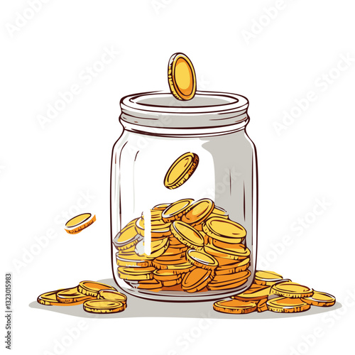 Illustration of a glass jar being filled with falling gold coins, symbolizing savings, financial growth, and wealth accumulation.

