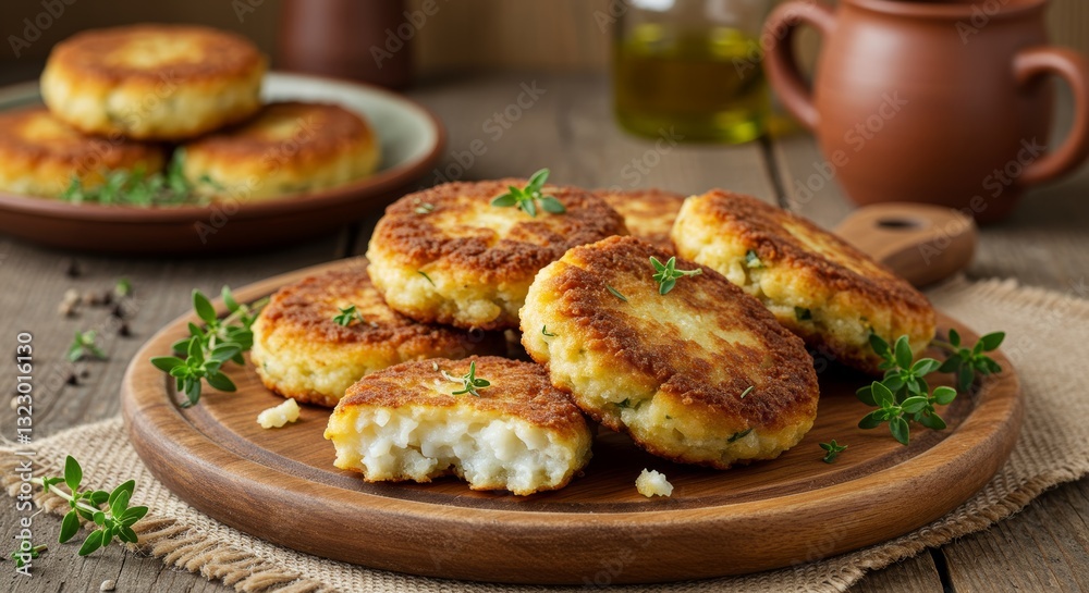 Golden potato cakes: A close-up shot showcasing golden potato cakes artfully arranged on a wooden plate, their crispy exteriors inviting and their fluffy interiors promising deliciousness. 