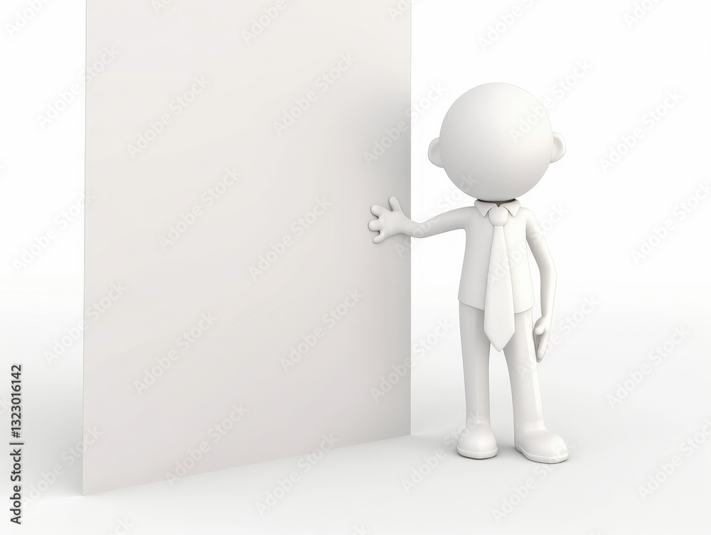 3D Business Character in a Tie Presenting a Blank Board with Copy Space, Isolated on a White Background. 3D Business Character in a Tie Presenting a Blank Board with Copy Space, Isolated on a White Background.