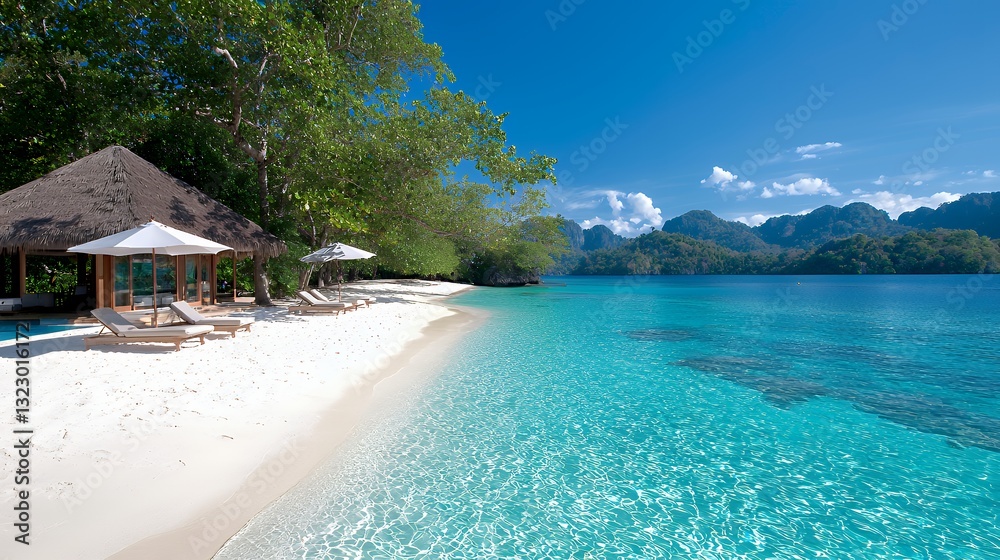 Fototapeta premium Relaxing Beach Scenery with Azure Sea, Clear Sky, and Tropical Shelter