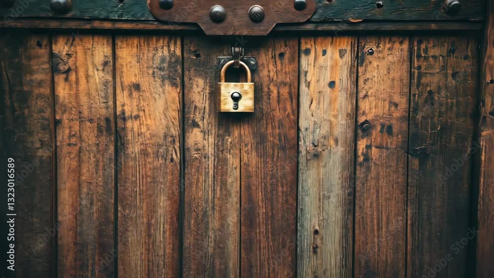 Rustic wooden door with padlock creating a sense of security and mystery in an old structure Rustic wooden door with padlock creating a sense of security and mystery in an old structure