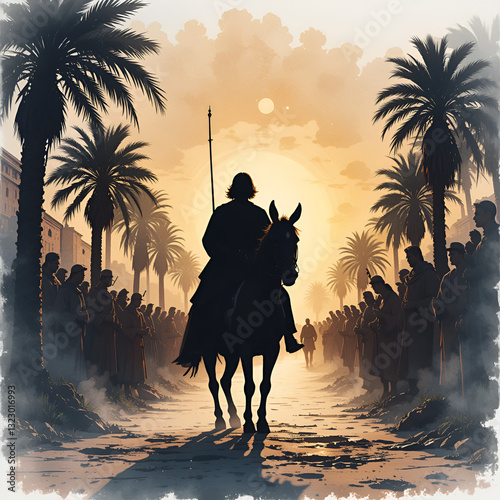 Triumphal Entry of Christ into Jerusalem with Silhouette of Man Riding Donkey Among Palm Trees in Watercolor Style photo