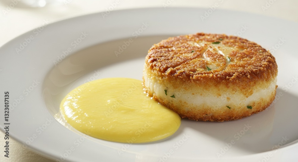 Culinary Delight: A culinary masterpiece, presenting a perfectly crafted cake alongside a velvety yellow sauce on a clean, modern plate. Culinary Delight: A culinary masterpiece, presenting a perfectly crafted cake alongside a velvety yellow sauce on a clean, modern plate.