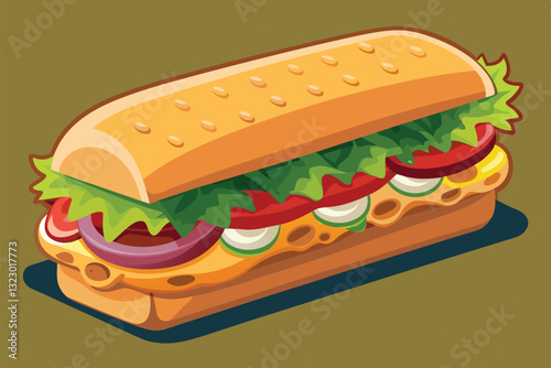 A large, customizable sandwich filled with fresh vegetables, cheese, and sauces, presented on a simple backdrop, Subway Customizable Disproportionate Illustration