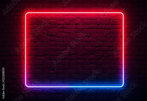 neon rectangle frame, red to blue gradient border, brick wall background. perfect for retro, cyberpunk, poster and modern urban themes.