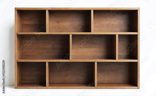 A wooden shelf with four shelves and a black shelf	
