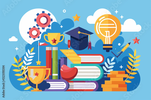 A vibrant display showcasing books, trophies, and symbols of learning to inspire success and independence, Success and independent learning