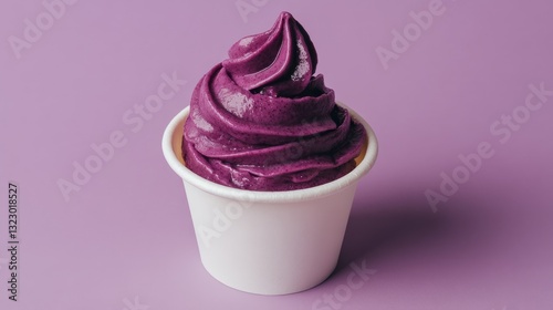 close up of acai berry soft serve ice cream in a bowl with copy space.