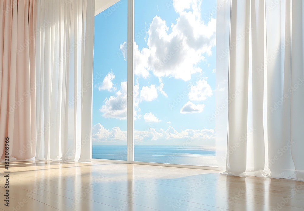Fototapeta premium Ocean View Room with Sunlight Through Curtains