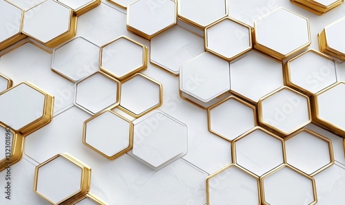 Orientalstyle geometric seamless pattern with gold hexagon shape and line, with white background
