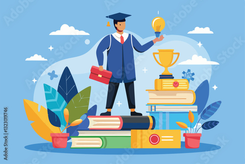 Successful graduate student stands on books while holding a lightbulb and a briefcase, Successful graduate student standing on books and office supplies background in flat style illustration