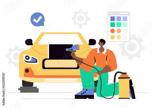 Car Customization and Modifications Vector Illustration featuring a Tuned Automobile with Upgraded Wheels, Nitrous Systems, and Body Kit Enhancements