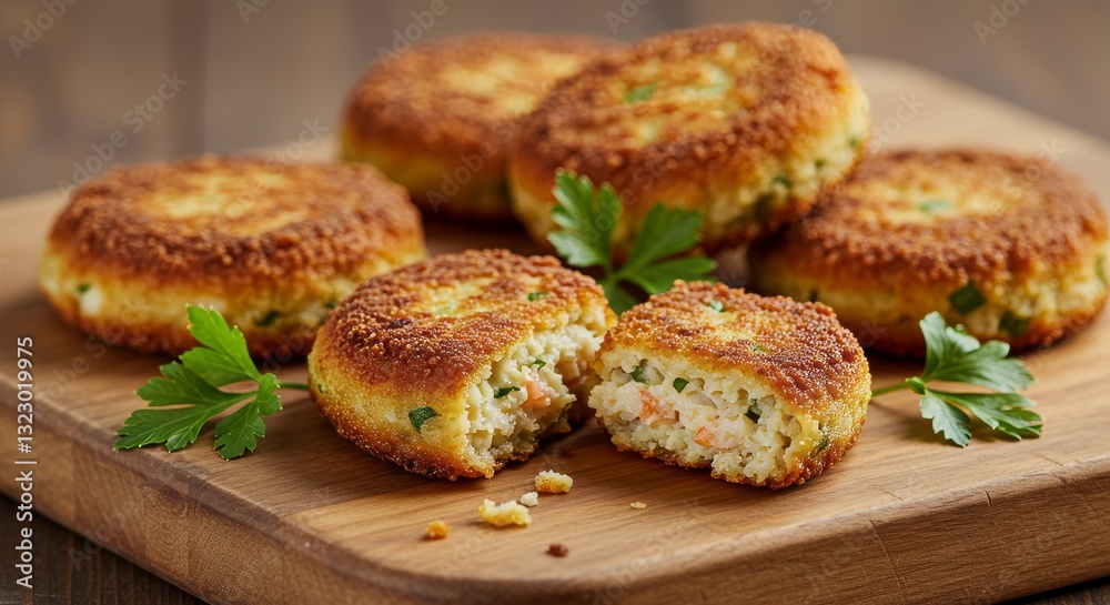 Golden Crusted Delights: Close-up shot of a stack of savory golden-brown patties, a culinary delight ready to savor on a wooden cutting board. Golden Crusted Delights: Close-up shot of a stack of savory golden-brown patties, a culinary delight ready to savor on a wooden cutting board.