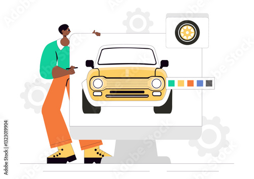 Car Customization and Modifications Vector Illustration featuring a Tuned Automobile with Upgraded Wheels, Nitrous Systems, and Body Kit Enhancements