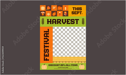 Harvest Festival Flyer. Autumn harvest festival postes with autumn leaves and floral elements in fall colors.Harvest fest design perfect for prints,flyers,banners,invitations,promotions and more.