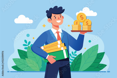 A confident investor stands with financial documents and a tray of coins, showcasing his success in investments, successful investment man and earn profit