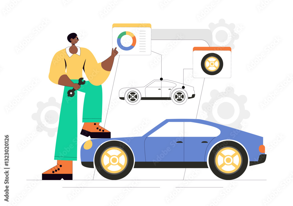 Car Customization and Modifications Vector Illustration featuring a Tuned Automobile with Upgraded Wheels, Nitrous Systems, and Body Kit Enhancements Car Customization and Modifications Vector Illustration featuring a Tuned Automobile with Upgraded Wheels, Nitrous Systems, and Body Kit Enhancements