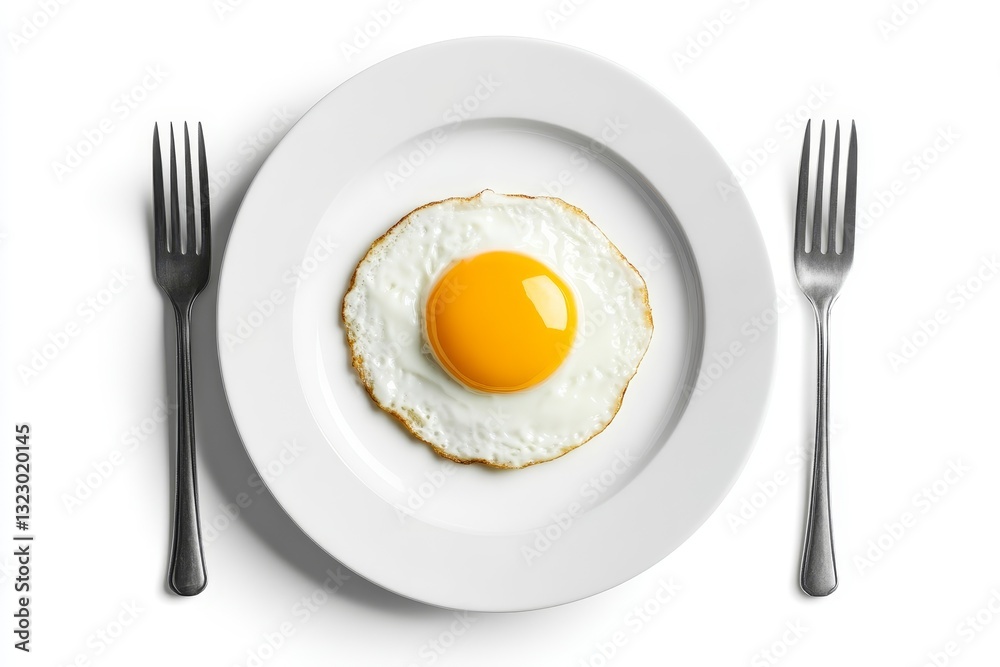 One fried egg on white plate isolated on white background, top view One fried egg on white plate isolated on white background, top view