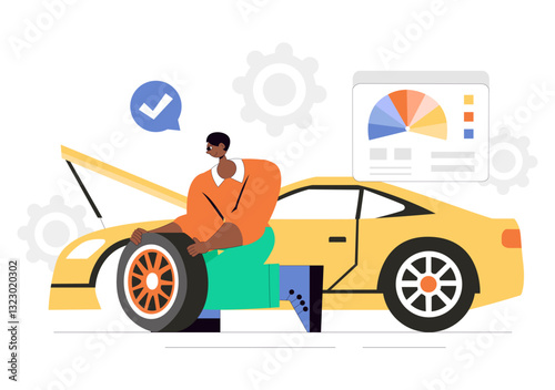 Car Customization and Modifications Vector Illustration featuring a Tuned Automobile with Upgraded Wheels, Nitrous Systems, and Body Kit Enhancements