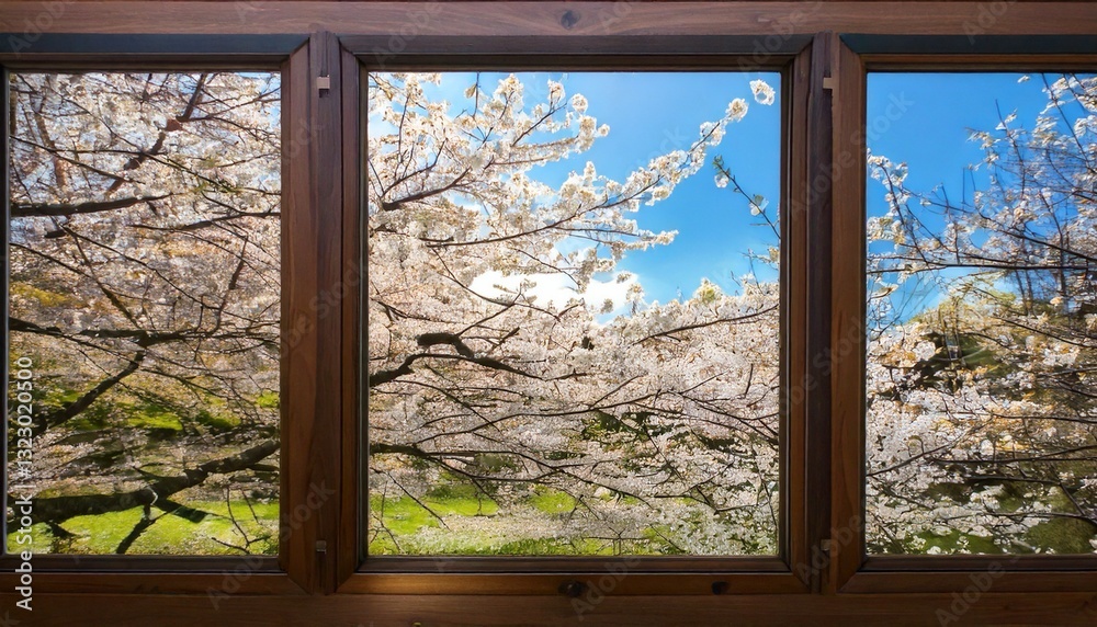 Fototapeta premium 窓からの眺め、美しい桜が満開の春の諷詠