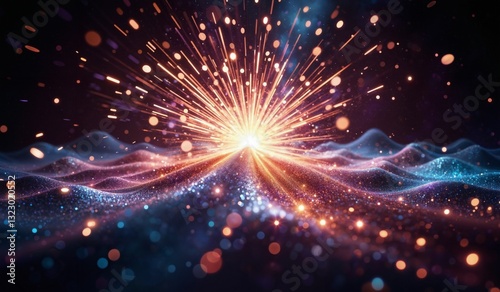 Vibrant abstract background with dynamic swoosh design intertwined with sparkling glitter and ethereal stardust creating a mesmerizing visual experience filled with energy and light.