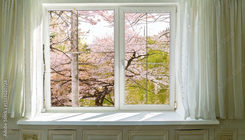 Fototapeta premium 窓からの眺め、美しい桜が満開の春の諷詠