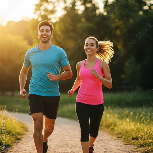 young couple jogging in park. Portrait of happy fit people running together outdoors. Couple sport healthy lifestyle concept.