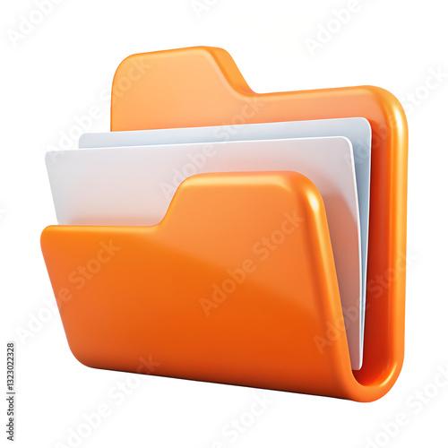 Orange folder isolated on white background. Paper document symbol. Cartoon plastic style icon