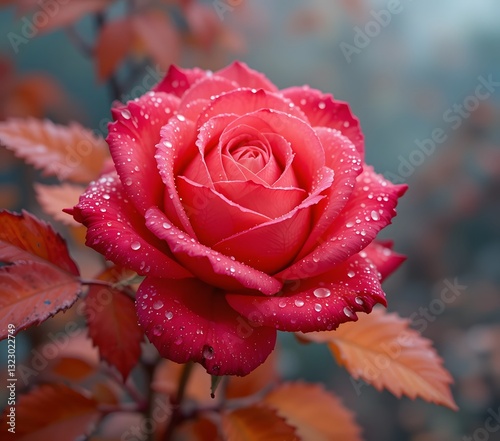 Stunning Autumn Rose with Dew Drops - Vibrant Fall Flower Photography photo