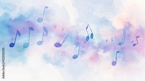 A soft watercolor background with abstract flowing musical notes painted in soft pastel blues, purples, and pinks. The elegant blend of colors.