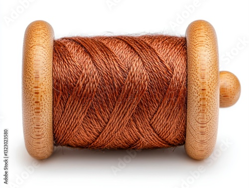 A wooden thread spool holder displaying a copper colored thread on an isolated white background for crafting activities
