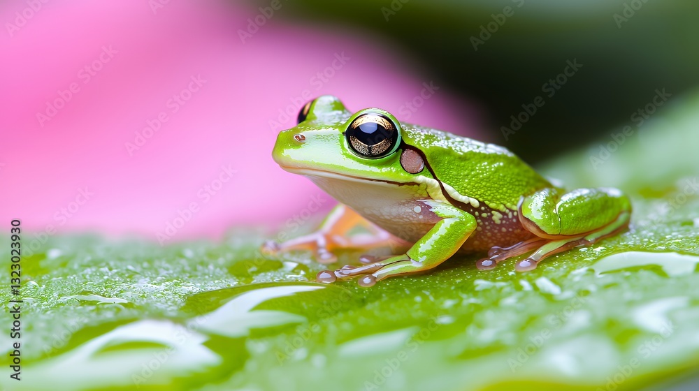 Green Frog Sitting on Leaf with Water Drops in Macro View Green Frog Sitting on Leaf with Water Drops in Macro View