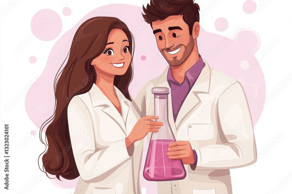 Two scientists happily hold a flask filled with pink liquid, wearing lab coats and smiling, set against a soft, colorful background. Two scientists happily hold a flask filled with pink liquid, wearing lab coats and smiling, set against a soft, colorful background.